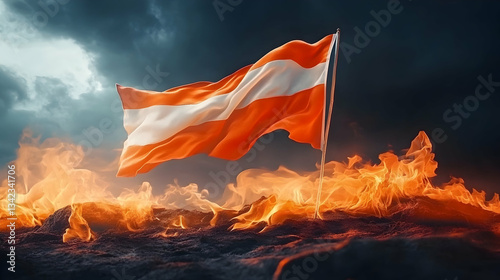 Austrian flag waving amidst fiery landscape; dramatic conflict backdrop; website, news