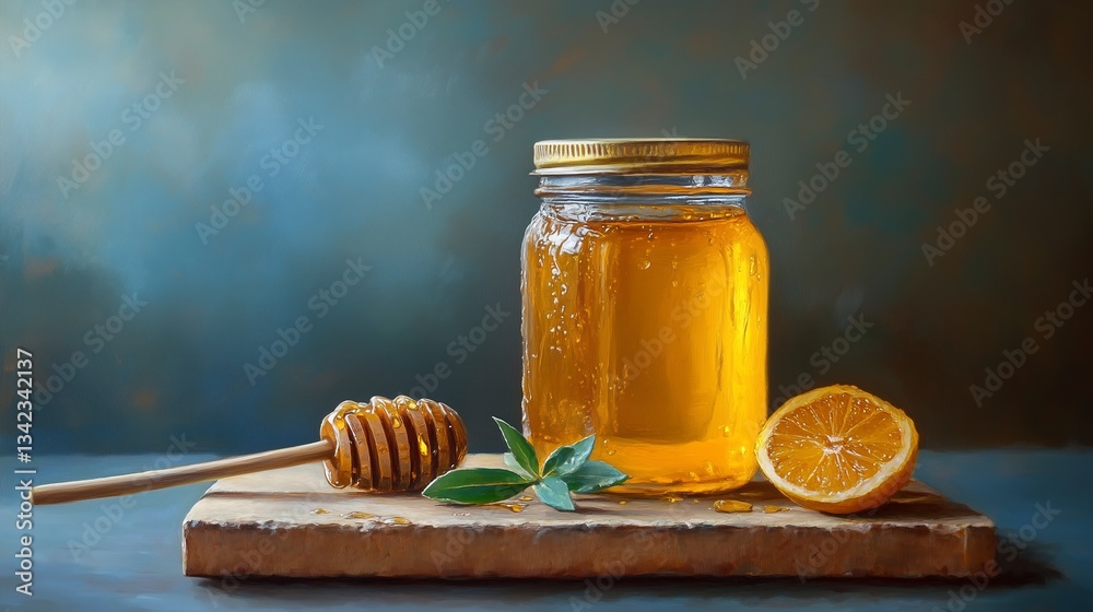 Golden honey jar with dipper and lemon on wooden board Golden honey jar with dipper and lemon on wooden board