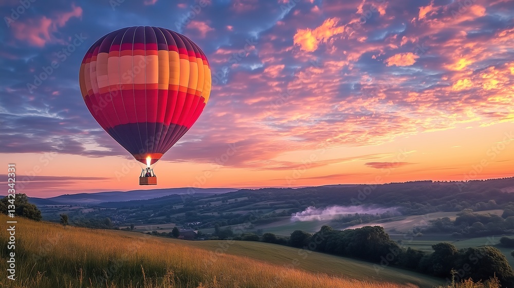 Obraz premium Colorful hot air balloon at sunset over rolling hills and scenic landscape