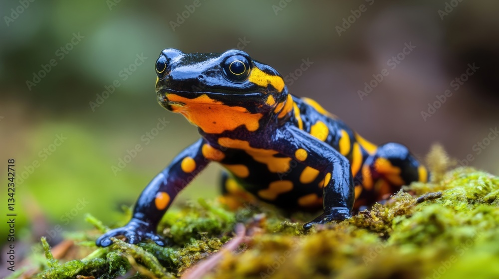 Obraz premium Vibrant Black and Orange Frog on Mossy Ground in Natural Habitat, Capturing Nature's Colorful Beauty and Unique Wildlife