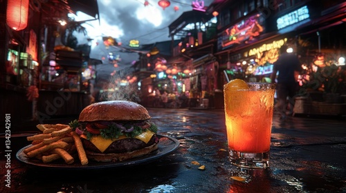 Delicious Burger and Refreshing Drink at a Lively Night Market in the City center and Urban Setting during Nighttime hours. Outdoor Restaurant Scene with Crowd of People under Warm Lighting and