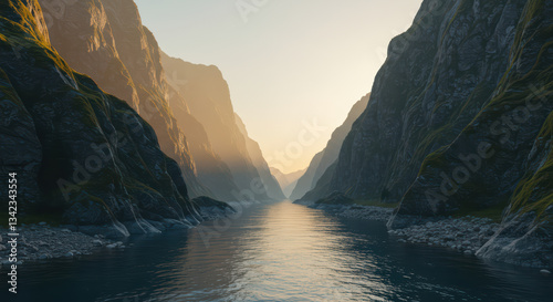 Serene River Valley at Sunset: Explore Breathtaking Cliffs and Lush Greenery