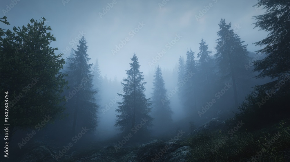 Dense foggy forest landscape showing tall evergreen coniferous trees Dense foggy forest landscape showing tall evergreen coniferous trees