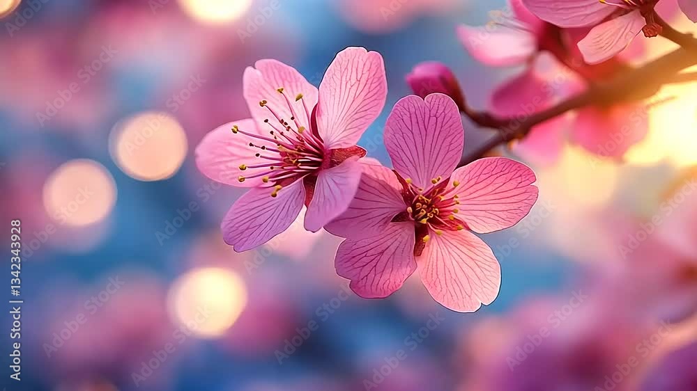 Delicate pink cherry blossoms in full bloom against a soft bokeh background, evoking springtime