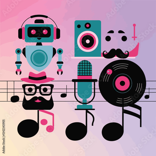 2d vector illustration icon cool entertainment cartoon character  music tools (Drum , Music Note , Headphones ,Microphone , Piano , Guitar ,Record) 
