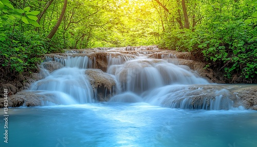 Serene Waterfall in Lush Forest.