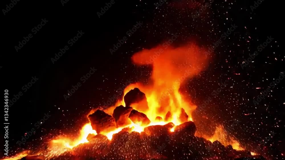 A fiery explosion of glowing embers dispersing into the darkness A fiery explosion of glowing embers dispersing into the darkness