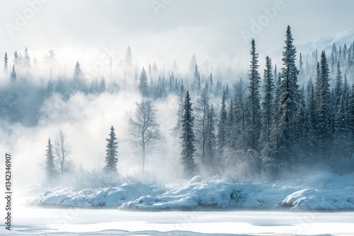 A foggy winter landscape shows trees covered in snow and ice
