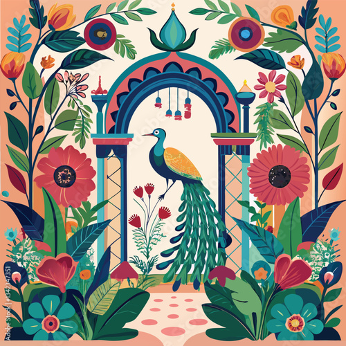 Vibrant Garden Archway with Peacock Plant and Bird Illustration