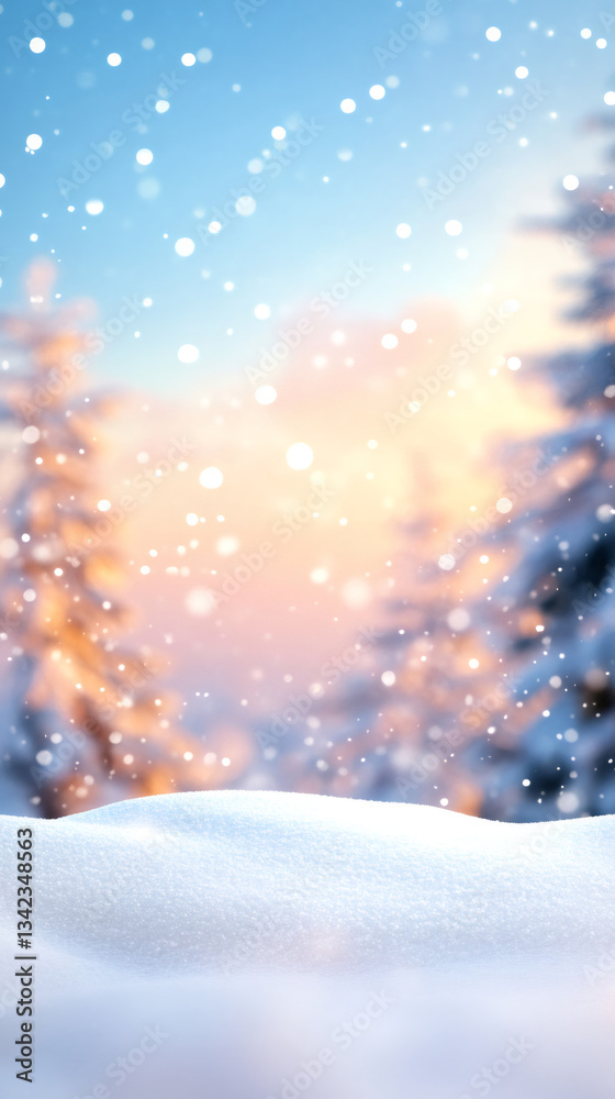 Snow is softly falling on a snowy field at sunset during winter, creating a magical and serene atmosphere Snow is softly falling on a snowy field at sunset during winter, creating a magical and serene atmosphere