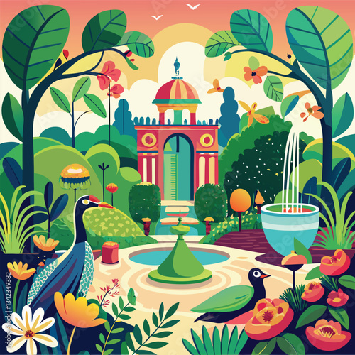 Serene Garden with Exotic Birds and Detailed Plant Life