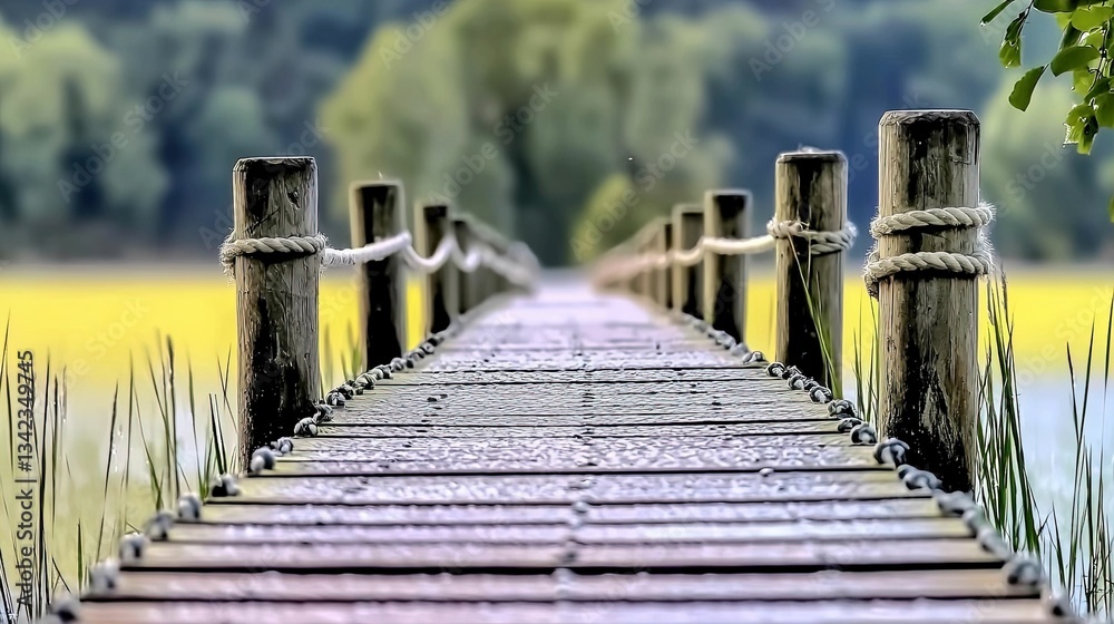 Fototapeta premium Wooden boardwalk extends over tranquil water