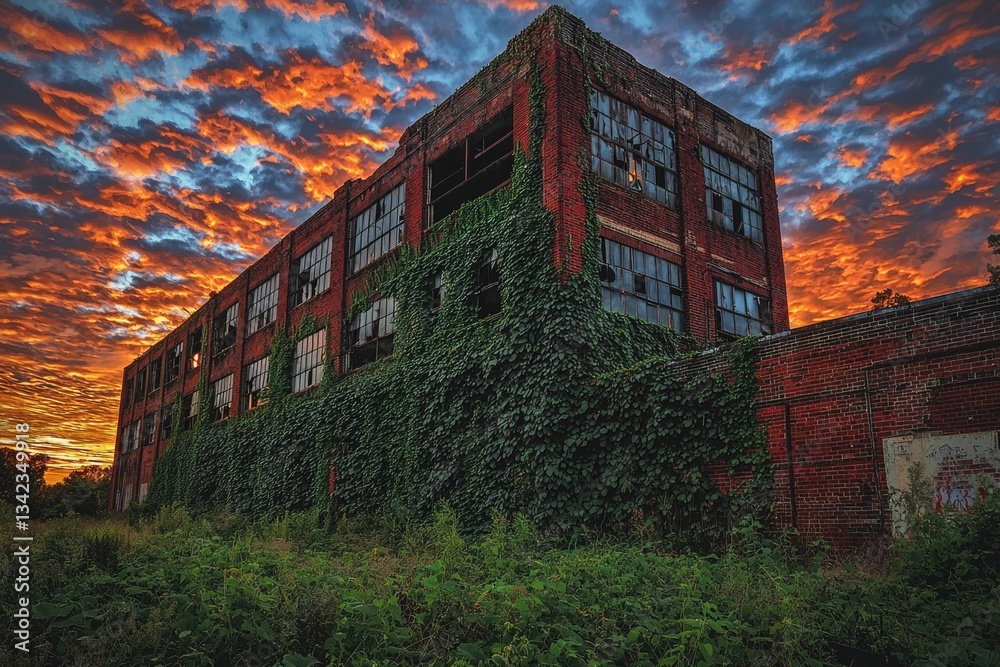 Obraz premium Abandoned brick building, overgrown with ivy, silhouetted against a vibrant sunset sky.
