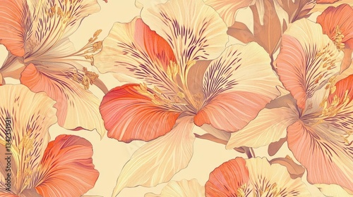 Orange And Cream Alstroemeria Flower Seamless Pattern Design Floral Background Texture Botanical Art Print For Wallpaper Or Fabric Decor Illustration Style For Summer Or Spring Wedding Decor