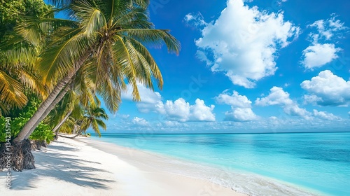 Beautiful beach with white sand, turquoise water, palm trees, and clear blue sky, tropical paradise, summer vacation mood perfect for travel agencies and tourism advertisements 
