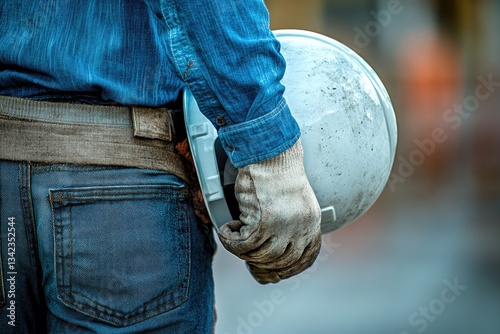 Wallpaper Mural Close up view of a worker in dirty blue denim overalls holding a soiled white hard hat Torontodigital.ca