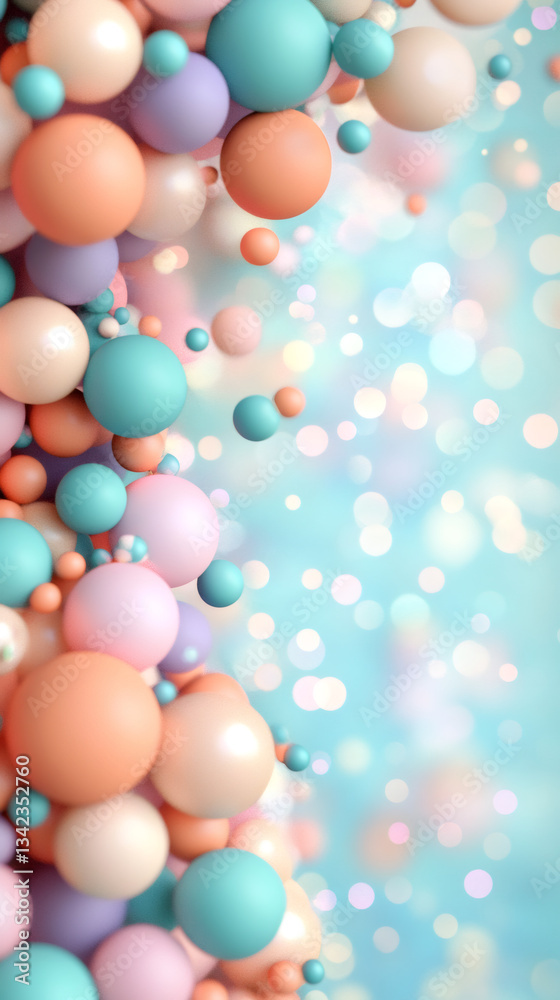 Soft pastel spheres floating across blurred colorful backdrop, representing playful energy and festive mood with dimensional layering Soft pastel spheres floating across blurred colorful backdrop, representing playful energy and festive mood with dimensional layering