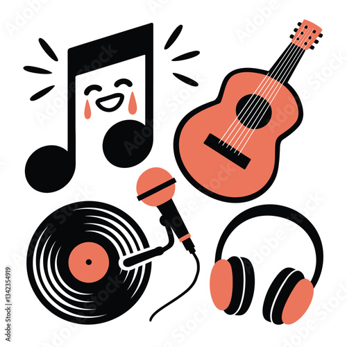 2d vector illustration icon cool entertainment cartoon character  music tools (Drum , Music Note , Headphones ,Microphone , Piano , Guitar ,Record) 
