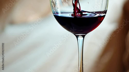 Red wine pouring, glass, close-up, blurred background