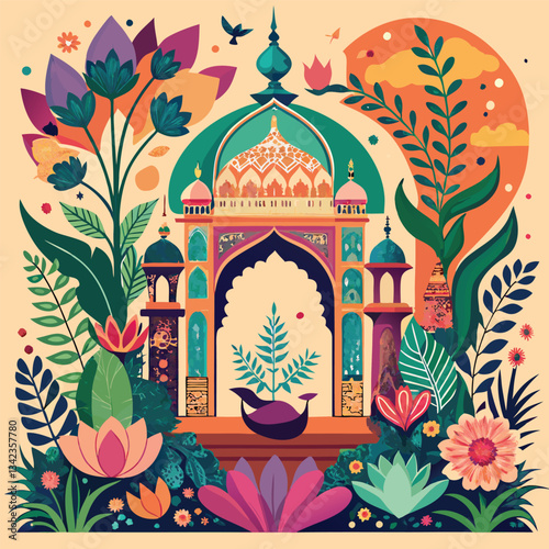 Indian Mughal Decorative Garden with Majestic Arch and Elegant Peacocks