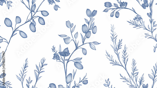 Wallpaper Mural Blue floral pattern design, delicate branches and leaves, botanical illustration, white background, ideal for fabric or wallpaper Torontodigital.ca