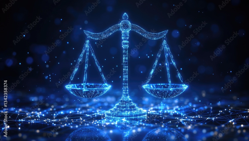 Abstract digital scale of justice, glowing blue light points, dark background, modern design, technology, justice, balance, equality, law, digital art, graphic design Abstract digital scale of justice, glowing blue light points, dark background, modern design, technology, justice, balance, equality, law, digital art, graphic design