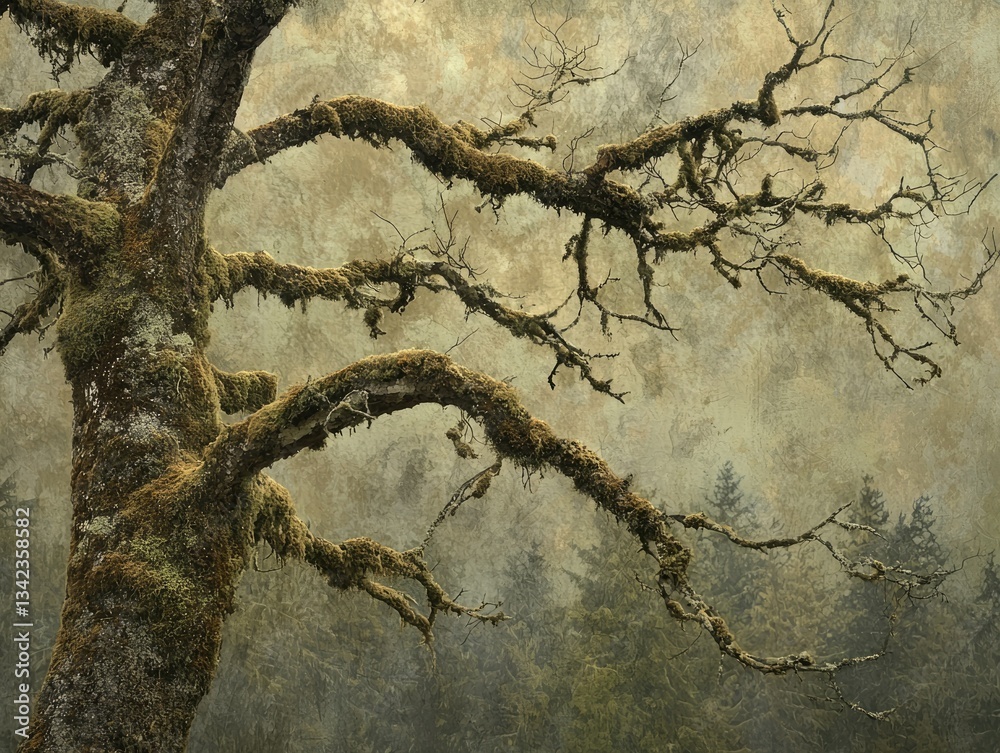 Ancient moss-covered oak tree branches reaching towards a misty forest background. Ancient moss-covered oak tree branches reaching towards a misty forest background.