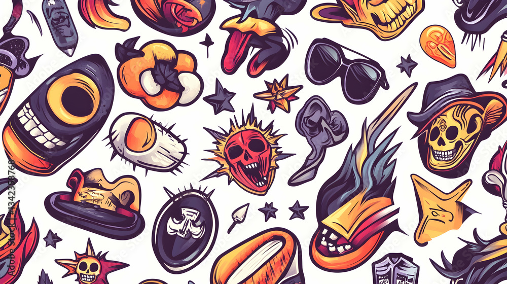 Fototapeta premium Cartoon skull and object pattern, seamless repeat, vibrant colors, fun background, ideal for textile design