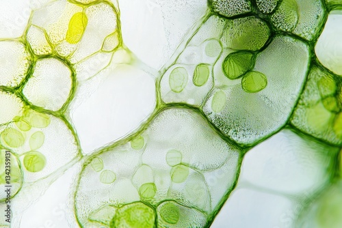 Microscopic view of plant cells, showcasing intricate cell walls and chloroplasts filled with chlorophyll.