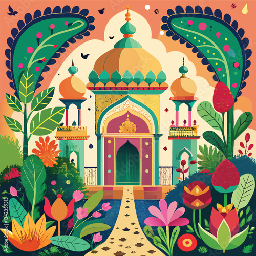 Decorative Mughal Garden with Arches and a Majestic Peacock