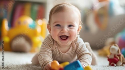 Happy Baby Crawling on Soft Carpet with Colorful Toys in Bright Indoor Play Area, Joyful Expression and Cheerful Atmosphere