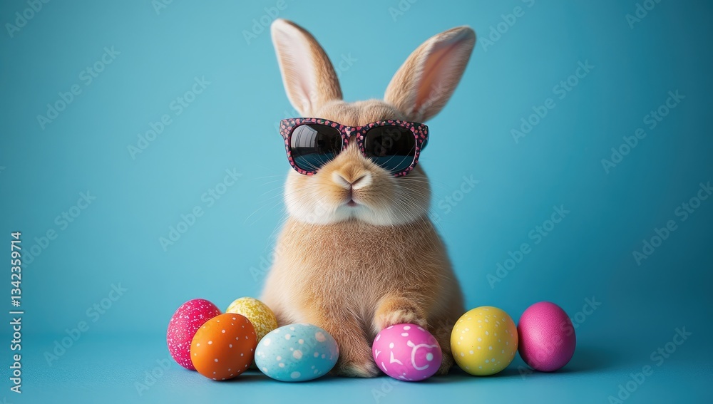 Fototapeta premium Adorable light brown bunny rabbit wearing trendy sunglasses, sitting amidst colorful pastel easter eggs against a vibrant light blue backdrop, studio shot