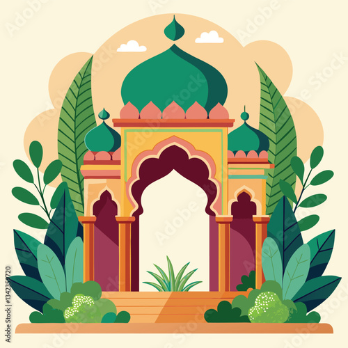 Intricate Mughal-Inspired Archway Adorned with Verdant Plants and Religious Symbols