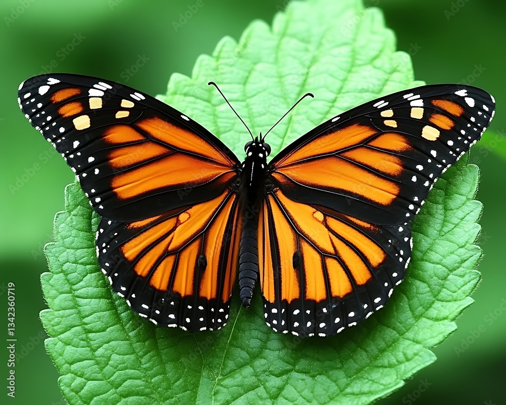 Fototapeta premium Butterfly rests on leaf in garden, blurred green backdrop