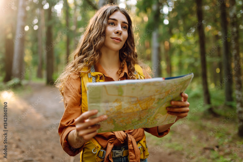 Naklejka premium Young woman holding map standing in forest. Relaxed woman hiker looking navigation searching route. Hiking concept