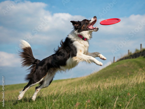 Energetic border collie leaps joyfully to catch a bright red frisbee in a sunny green field on a blissful afternoon