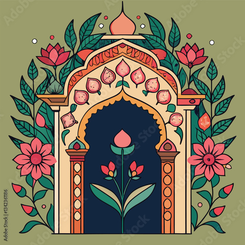 Ornamented Indian Mughal Arch with Hand-Drawn Floral Patterns
