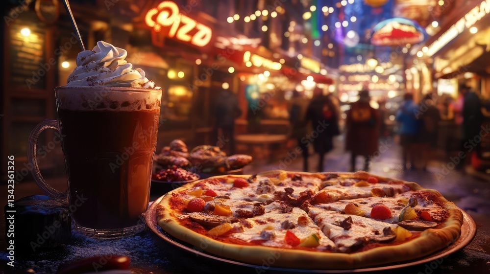 Fototapeta premium Warm Winter Night Festive Pizza and Hot Chocolate at a Night Market