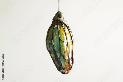 Intricate handcrafted chrysalis pendant, showcasing vibrant jewel-toned colors and detailed textures.
