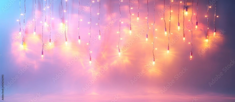 Fototapeta premium Fairy lights hang in pastel sky backdrop