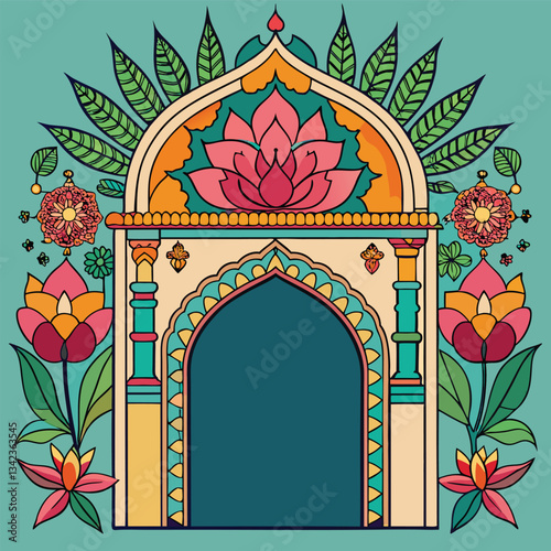 Intricate Hand-Drawn Arch with Mughal-Inspired Floral Patterns