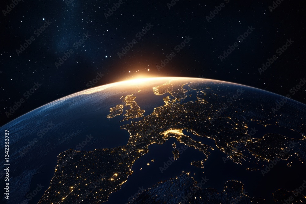 Naklejka premium Earth at Night: A mesmerizing view of the planet with city lights illuminating Europe