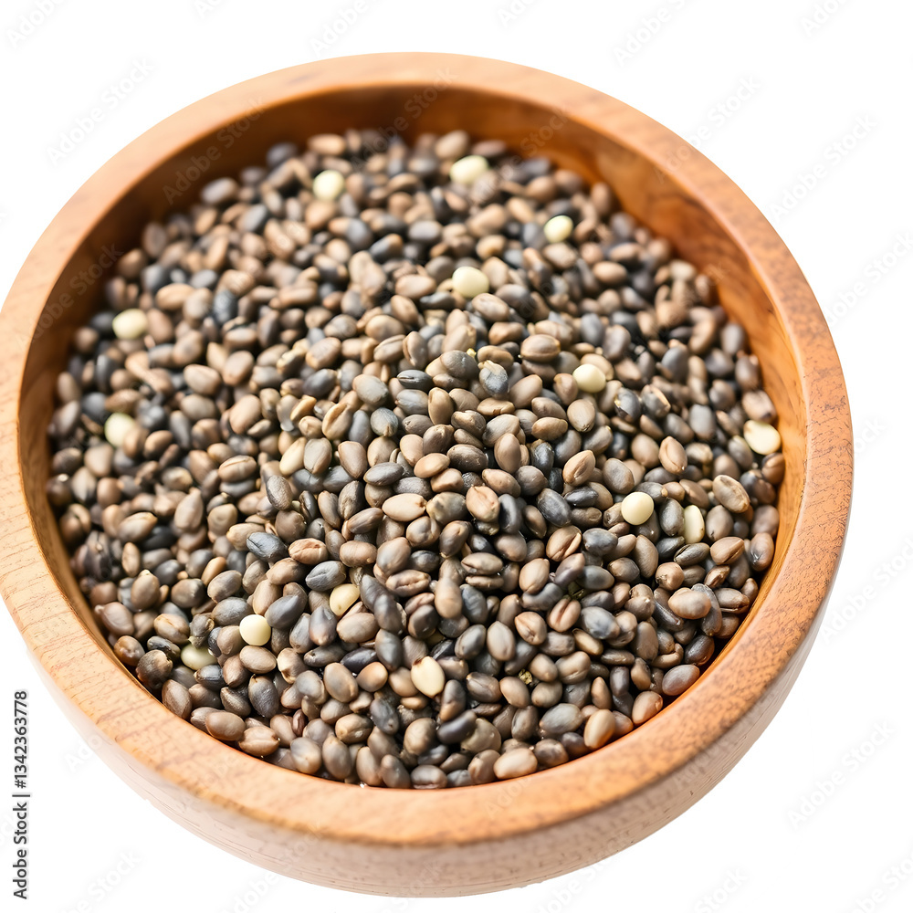 Wooden bowl with dark seeds, white background. Wooden bowl with dark seeds, white background.