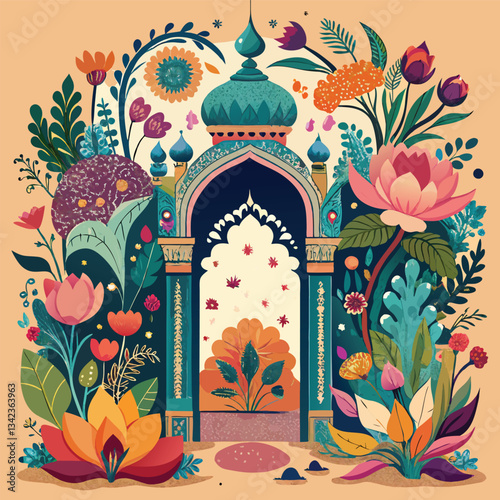 Intricate Mughal Floral Garden with Graceful Arches and Trellises