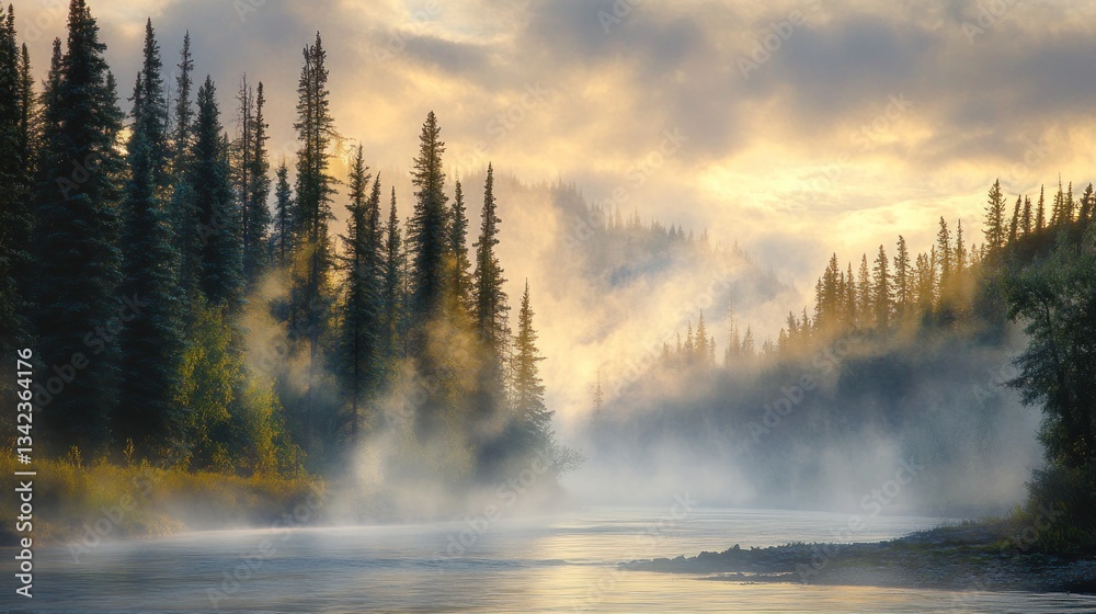 Fototapeta premium Mystical river scenery: Fog-draped river meanders through evergreen forest at dawn