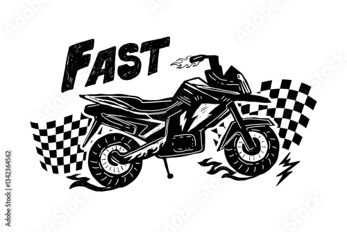 Biker tee design. Motorcycle poster with speed race flag, text Fast, fire track. Black and white illustration. Isolated on white background with grunge texture. Moto print