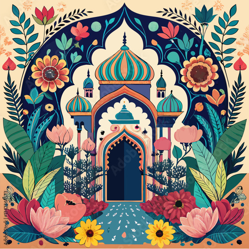 Intricate Indian Mughal Hand-Drawn Floral Garden with Archway Entrance