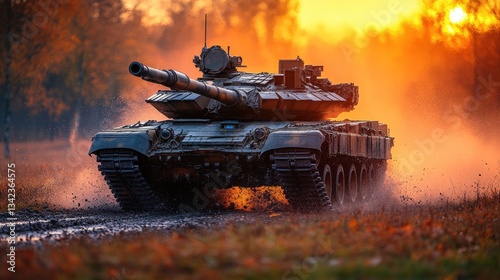 Military tank moving through a muddy field at sunset photo