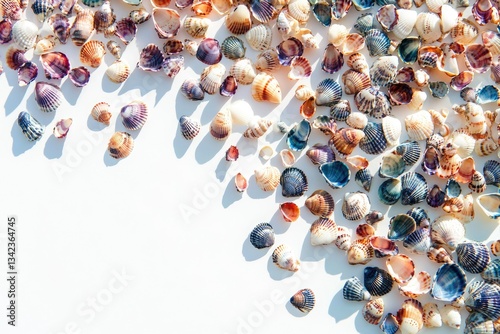 Colorful seashells scattered on a white background, creating a summery and beachy vibe. photo