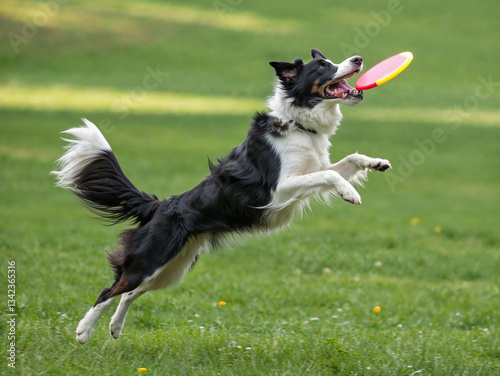 Border collie leaps joyfully in a sunny park to catch a flying frisbee during an afternoon play session